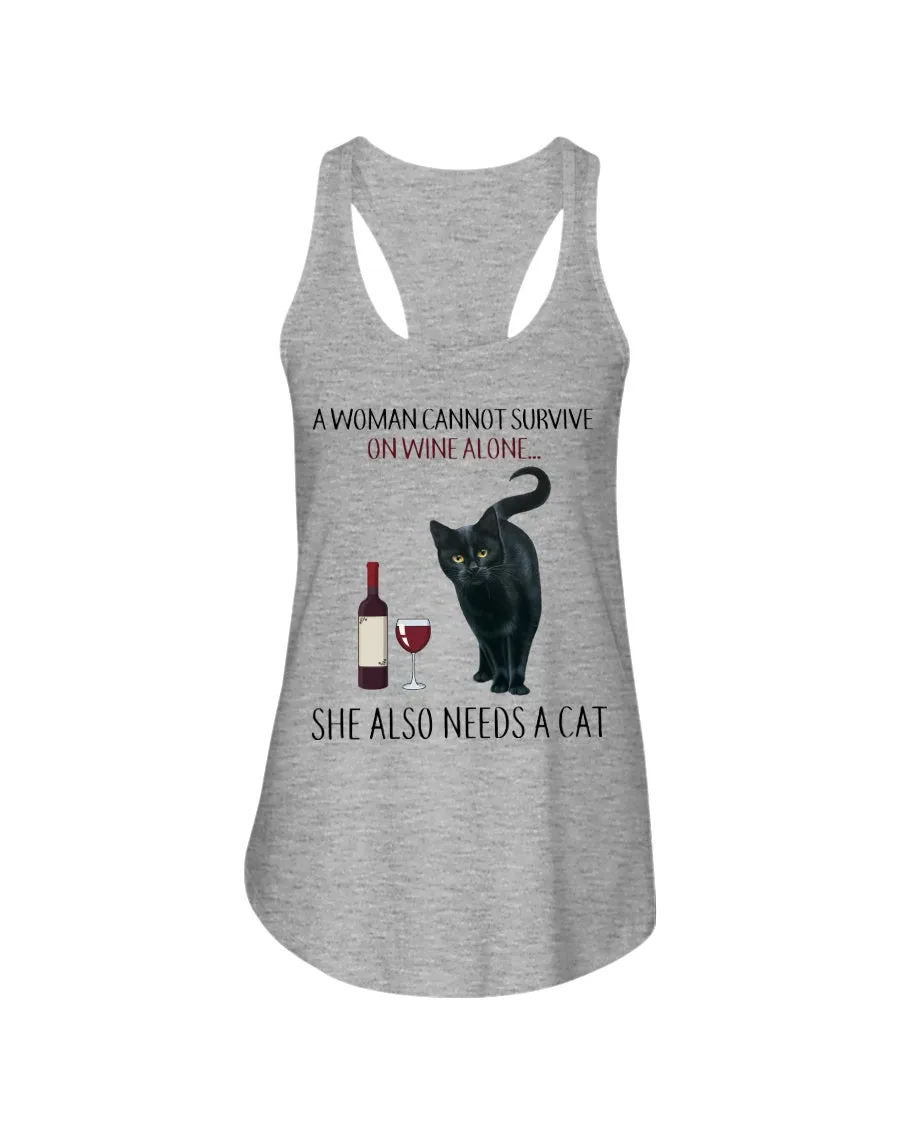A Woman Cannot Survive On Wine ALone She Also Needs A Cat Trending Ladies Flowy Tank