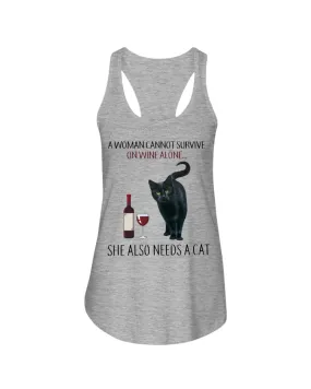A Woman Cannot Survive On Wine ALone She Also Needs A Cat Trending Ladies Flowy Tank