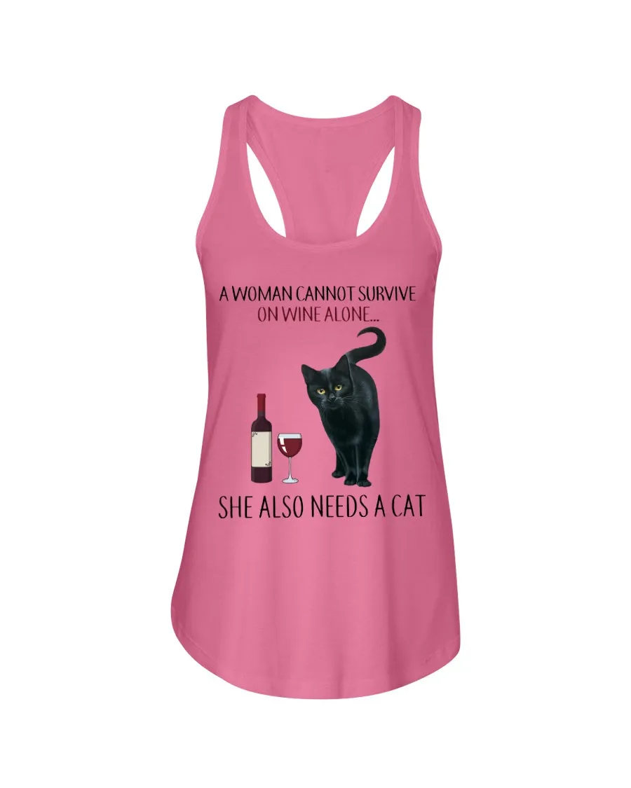 A Woman Cannot Survive On Wine ALone She Also Needs A Cat Trending Ladies Flowy Tank