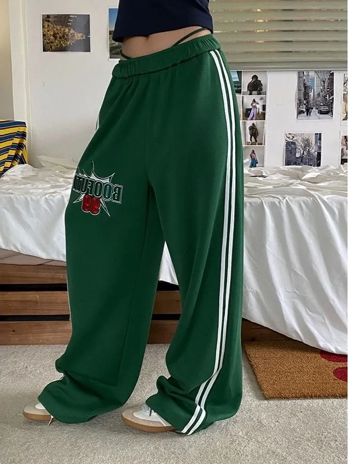 American Summer Sports Pants for Men and Women, Green Two-Stripes Letter Print Loose-Fit Straight-Leg Dragging Casual Wide-Leg Sweatpants