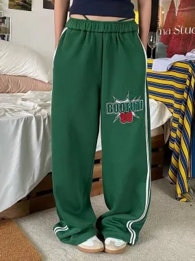 American Summer Sports Pants for Men and Women, Green Two-Stripes Letter Print Loose-Fit Straight-Leg Dragging Casual Wide-Leg Sweatpants