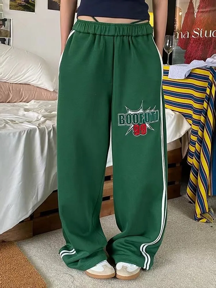 American Summer Sports Pants for Men and Women, Green Two-Stripes Letter Print Loose-Fit Straight-Leg Dragging Casual Wide-Leg Sweatpants
