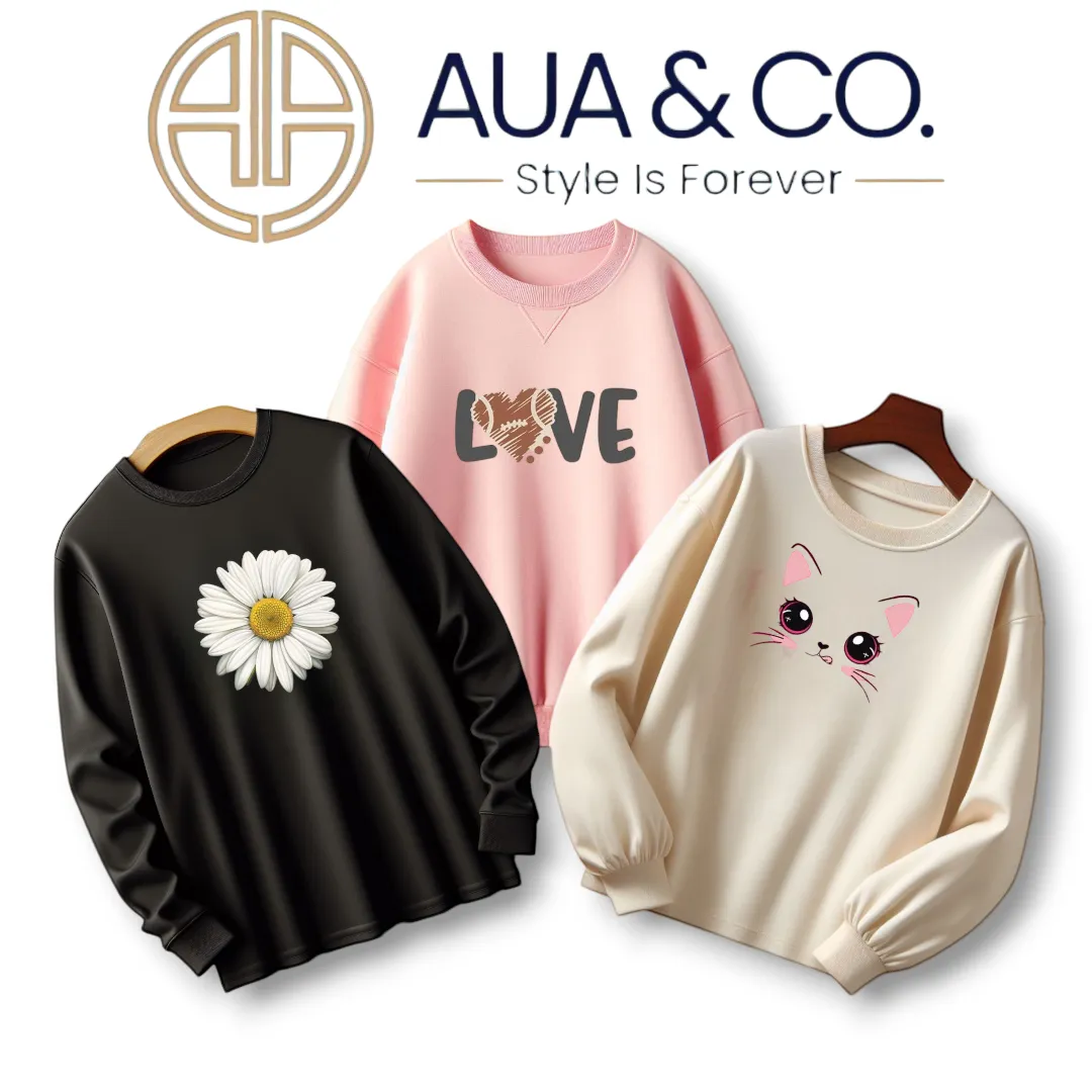 AUA&CO Pack Of 3 Women Sweatshirts - Black, Pink, Cream Beige With Unique Prints 🌸 |