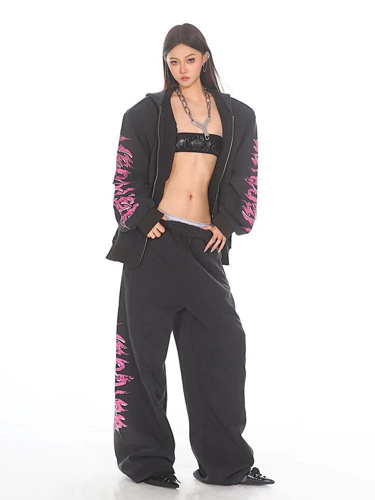 Autumn/Winter Water-Washed Vintage Flame Graffiti Letter Pink Hoodie and Sweatpants Set for Men and Women