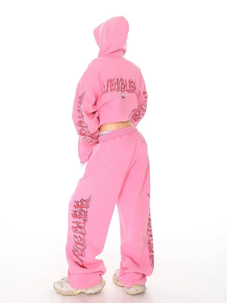 Autumn/Winter Water-Washed Vintage Flame Graffiti Letter Pink Hoodie and Sweatpants Set for Men and Women