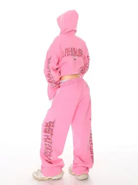 Autumn/Winter Water-Washed Vintage Flame Graffiti Letter Pink Hoodie and Sweatpants Set for Men and Women