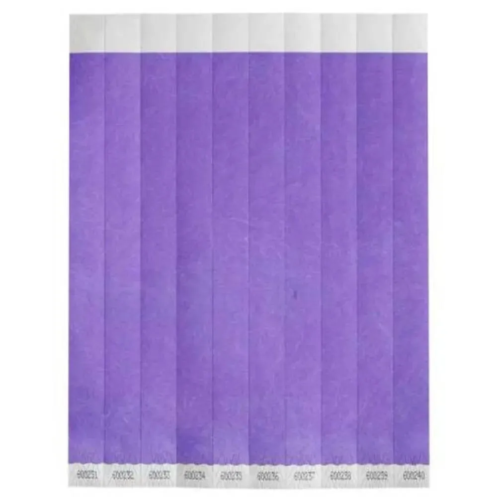 Bar Maid WB-100PU-S No Tear Wristbands, 3/4"W X 9.5"L Tyvek, Sequentially Numbered — Purple Solid, 500 Bands/Pack
