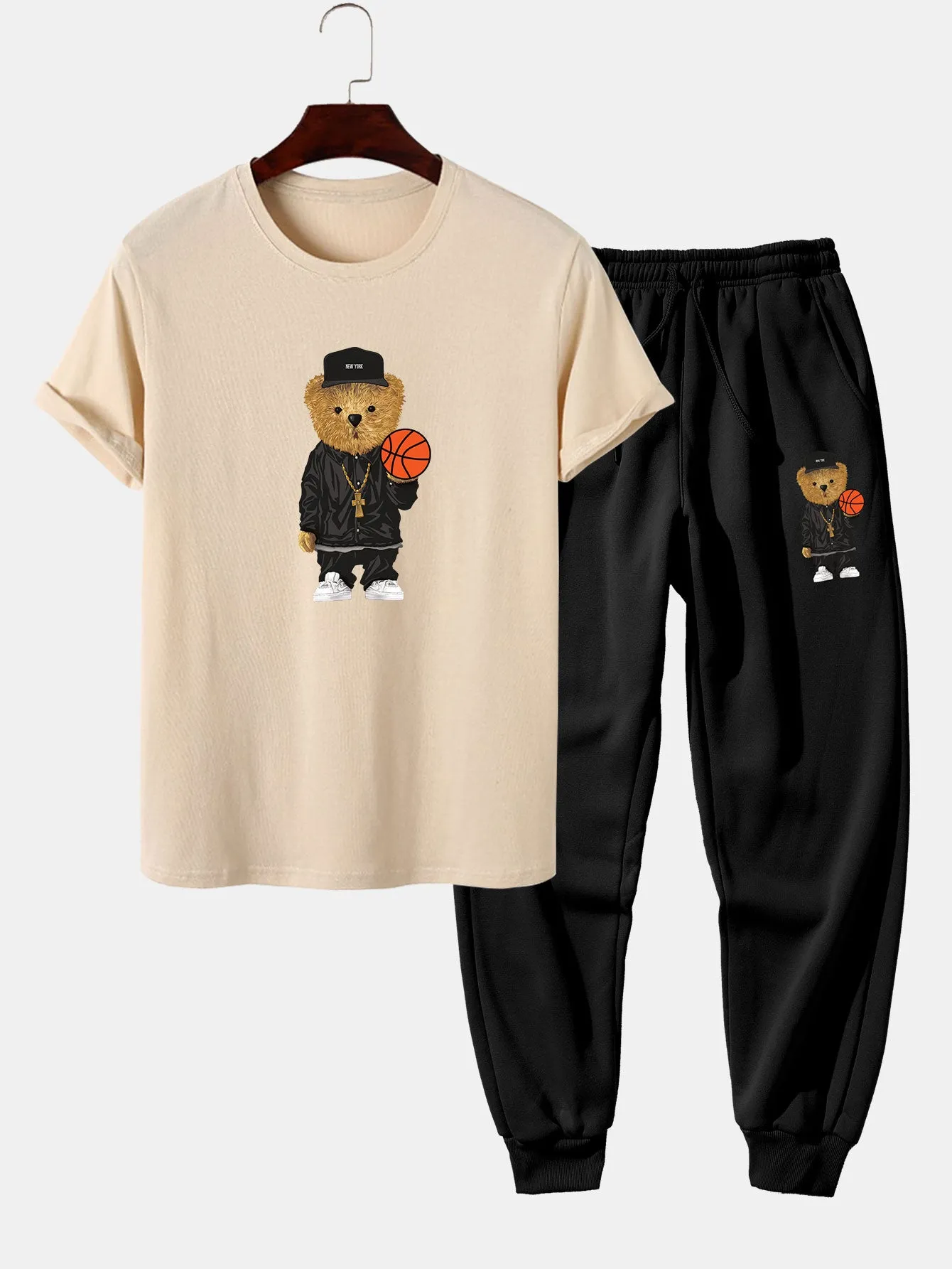Basketball Bear Print T-Shirt & Jogger Pants