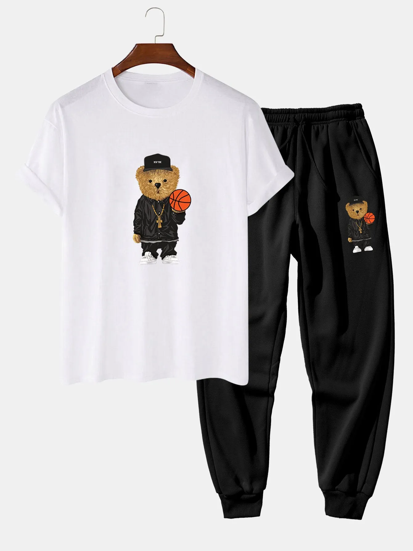 Basketball Bear Print T-Shirt & Jogger Pants