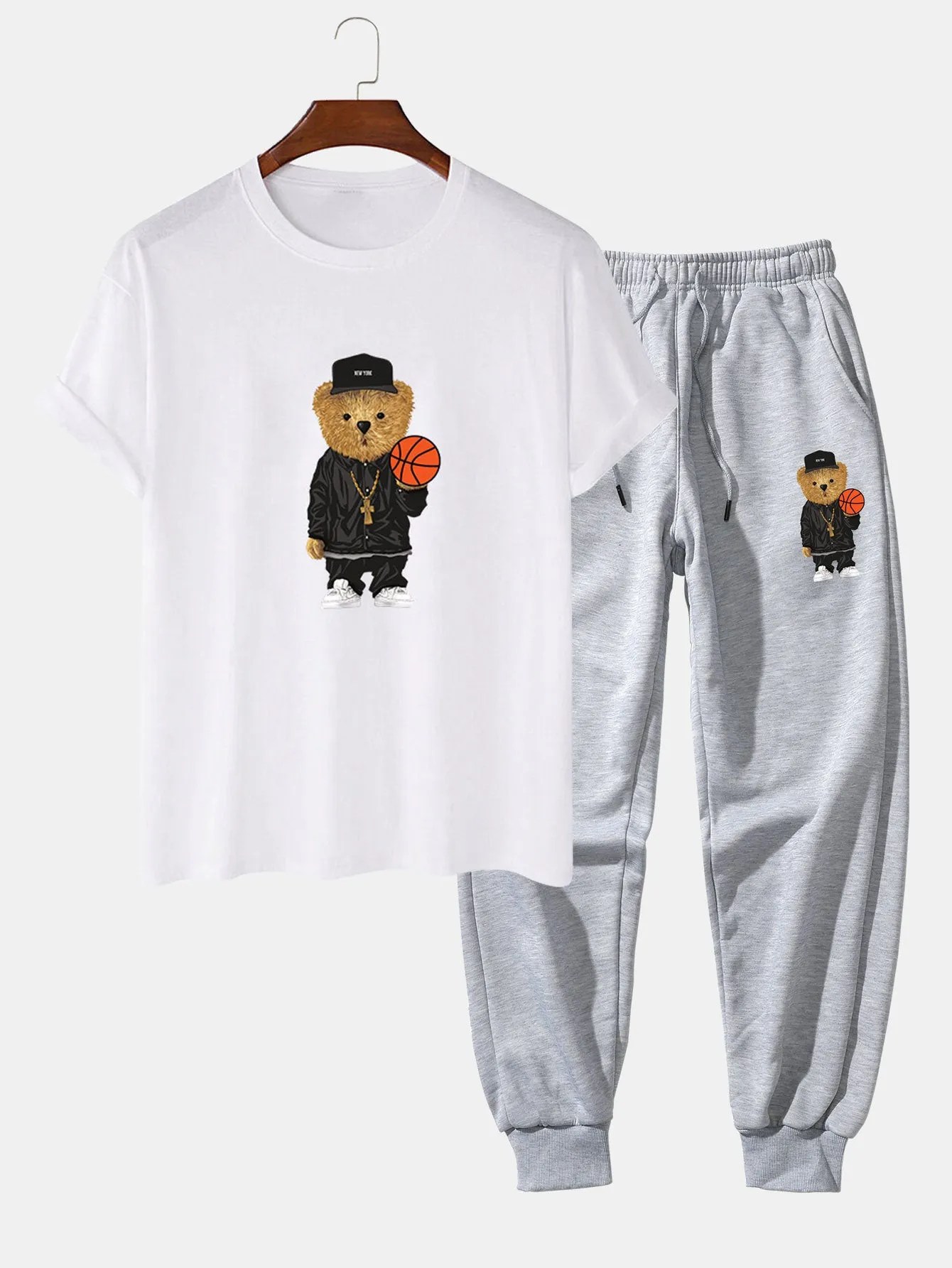 Basketball Bear Print T-Shirt & Jogger Pants