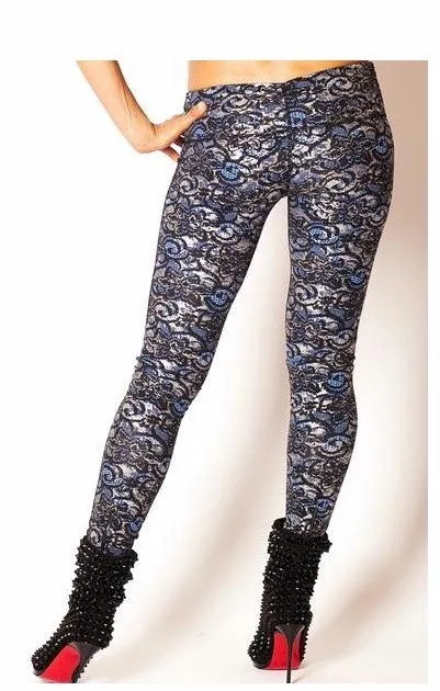 Body Rock Blue Metallic Silver Lace Print Moto Legging