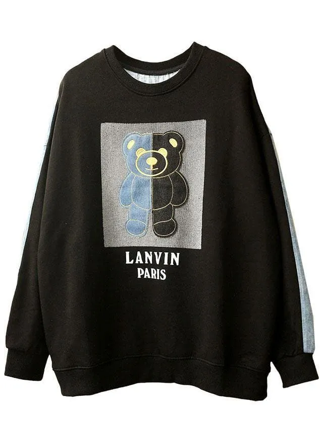 Chic Black Patchwork Denim Print Fall Sweatshirts
