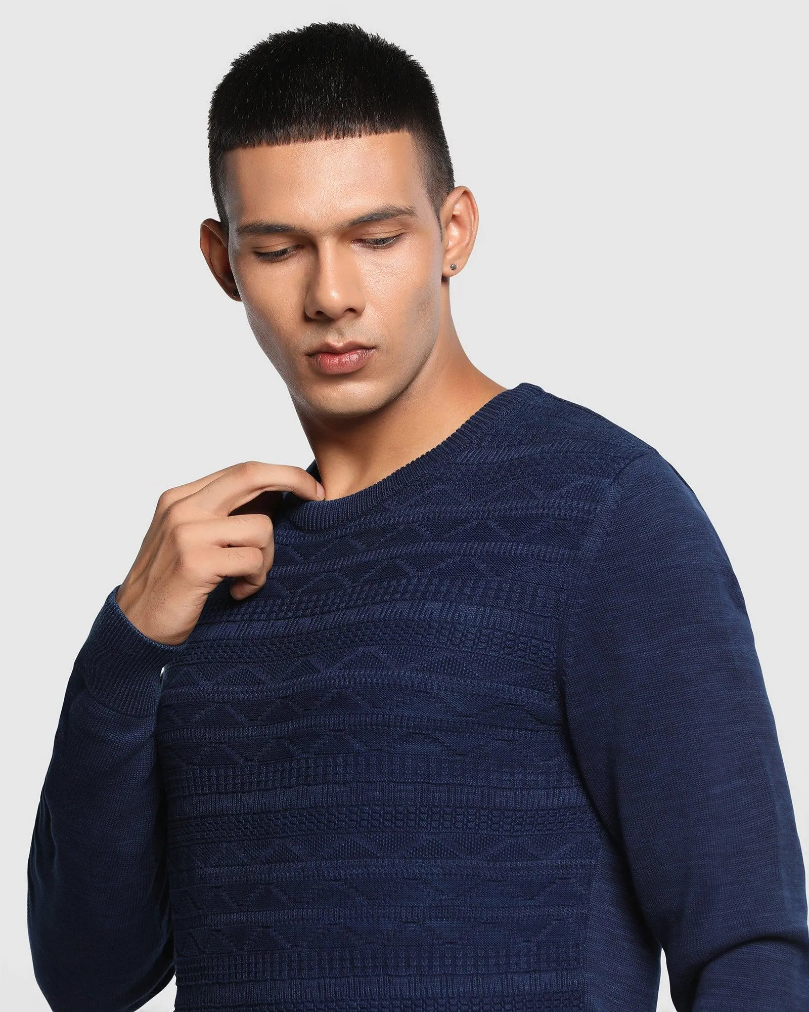 Crew Neck Indigo Textured Sweater - Erin