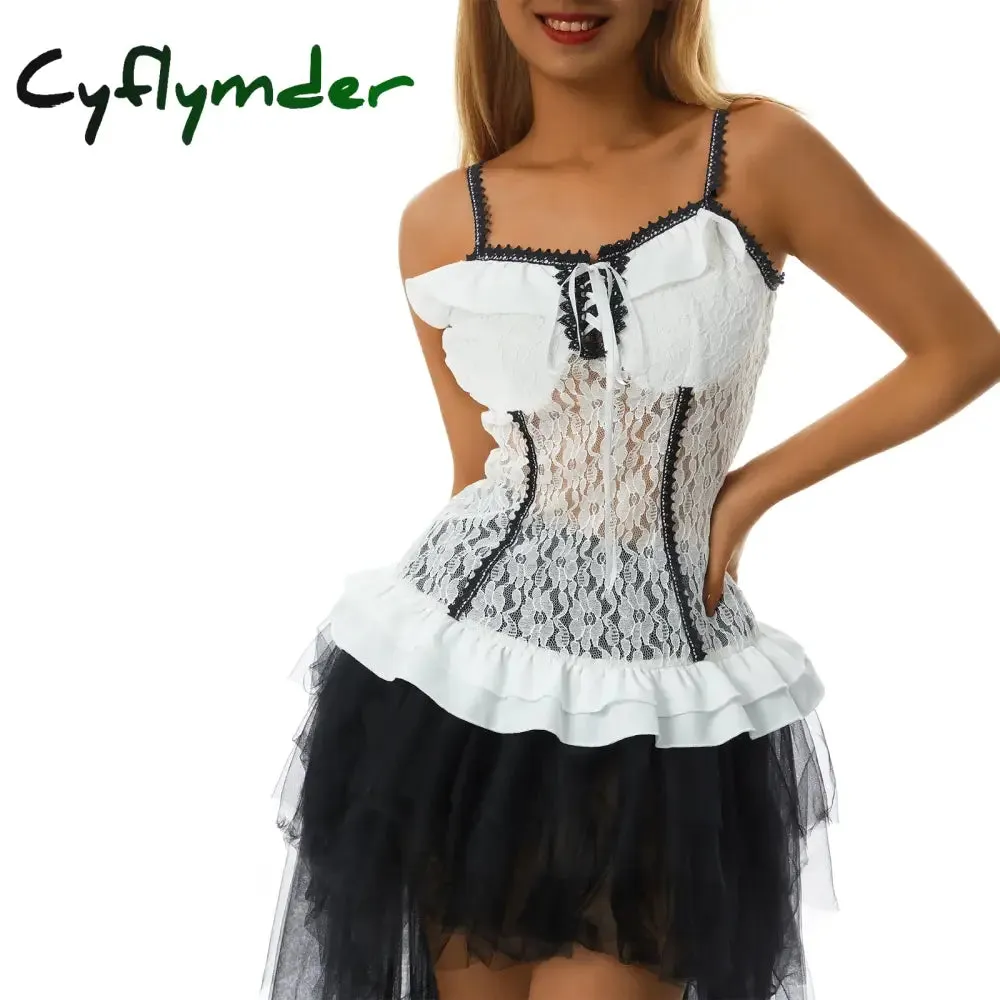 Cyflymder Retro Grunge Cami Tank Top Low Cut White Lace Transparent Ruffles Hem Sleeveless Vest E-girl Punk Harajuku Emo Alt Clothes