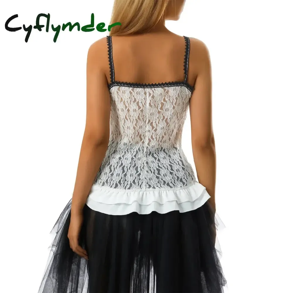Cyflymder Retro Grunge Cami Tank Top Low Cut White Lace Transparent Ruffles Hem Sleeveless Vest E-girl Punk Harajuku Emo Alt Clothes