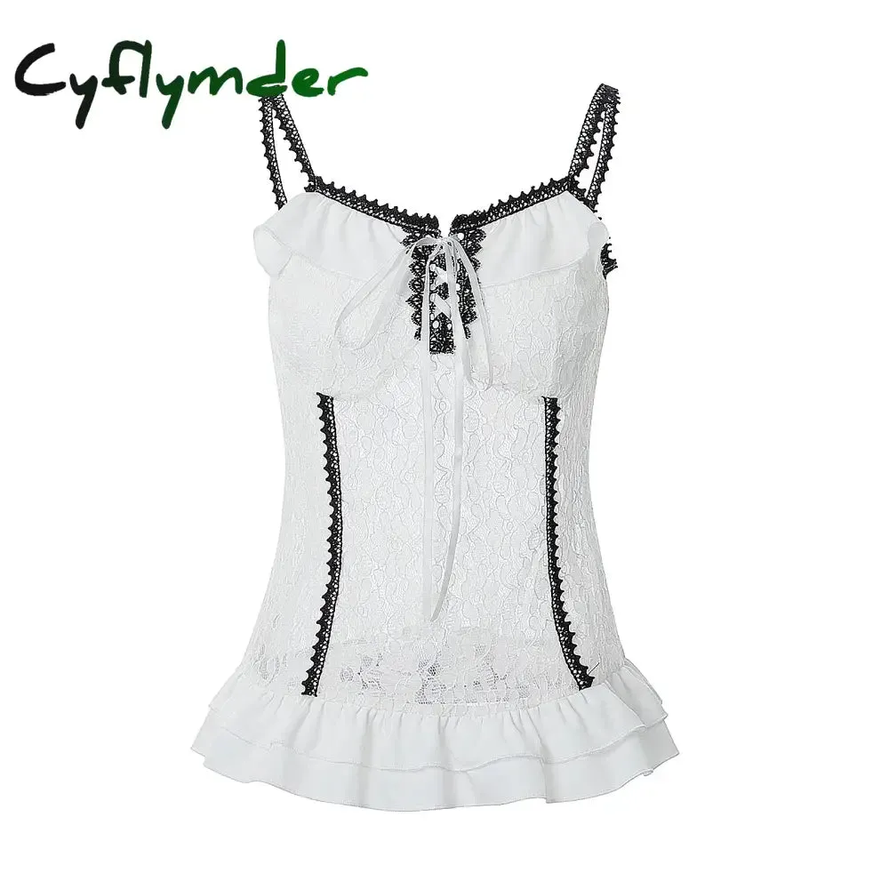 Cyflymder Retro Grunge Cami Tank Top Low Cut White Lace Transparent Ruffles Hem Sleeveless Vest E-girl Punk Harajuku Emo Alt Clothes