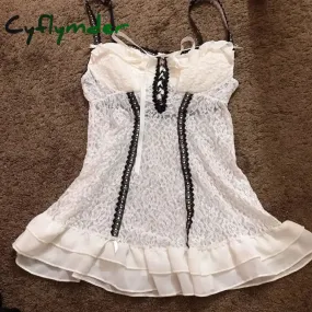 Cyflymder Retro Grunge Cami Tank Top Low Cut White Lace Transparent Ruffles Hem Sleeveless Vest E-girl Punk Harajuku Emo Alt Clothes