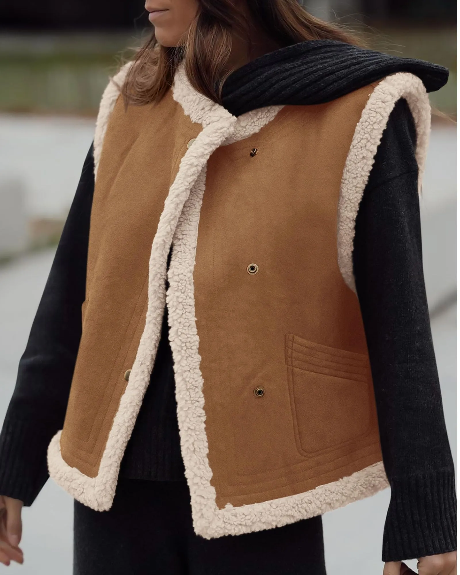 Faux Suede Sleeveless Button Down Fleece Sherpa Lined Casual Coat