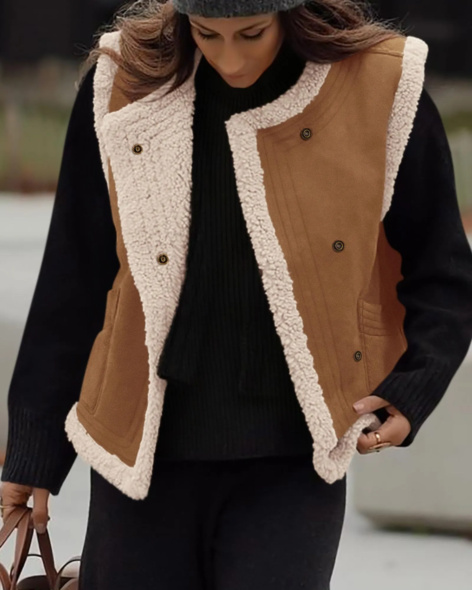 Faux Suede Sleeveless Button Down Fleece Sherpa Lined Casual Coat