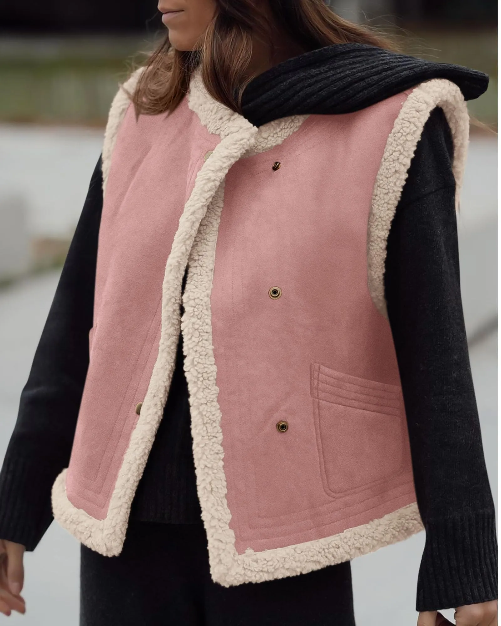 Faux Suede Sleeveless Button Down Fleece Sherpa Lined Casual Coat
