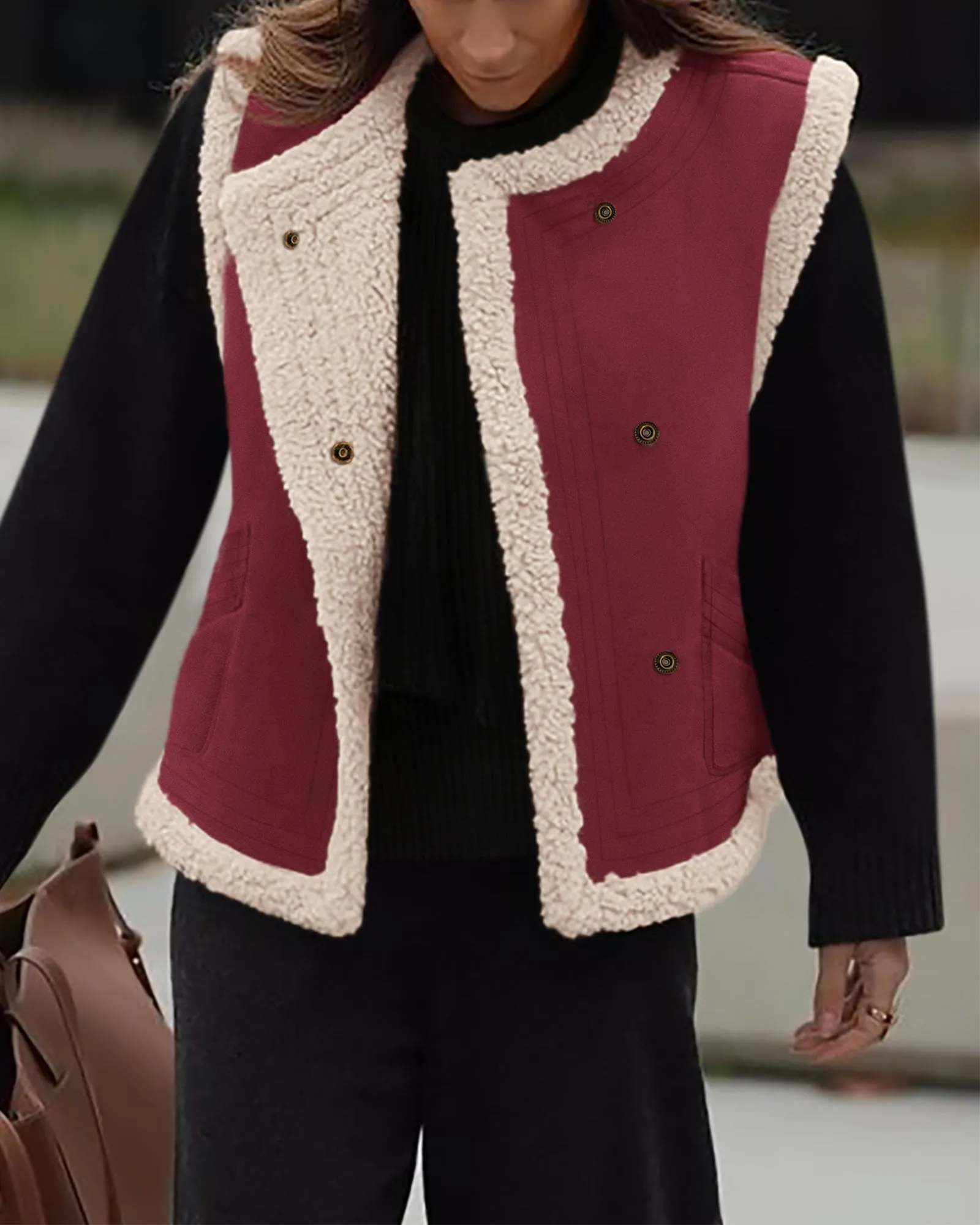 Faux Suede Sleeveless Button Down Fleece Sherpa Lined Casual Coat