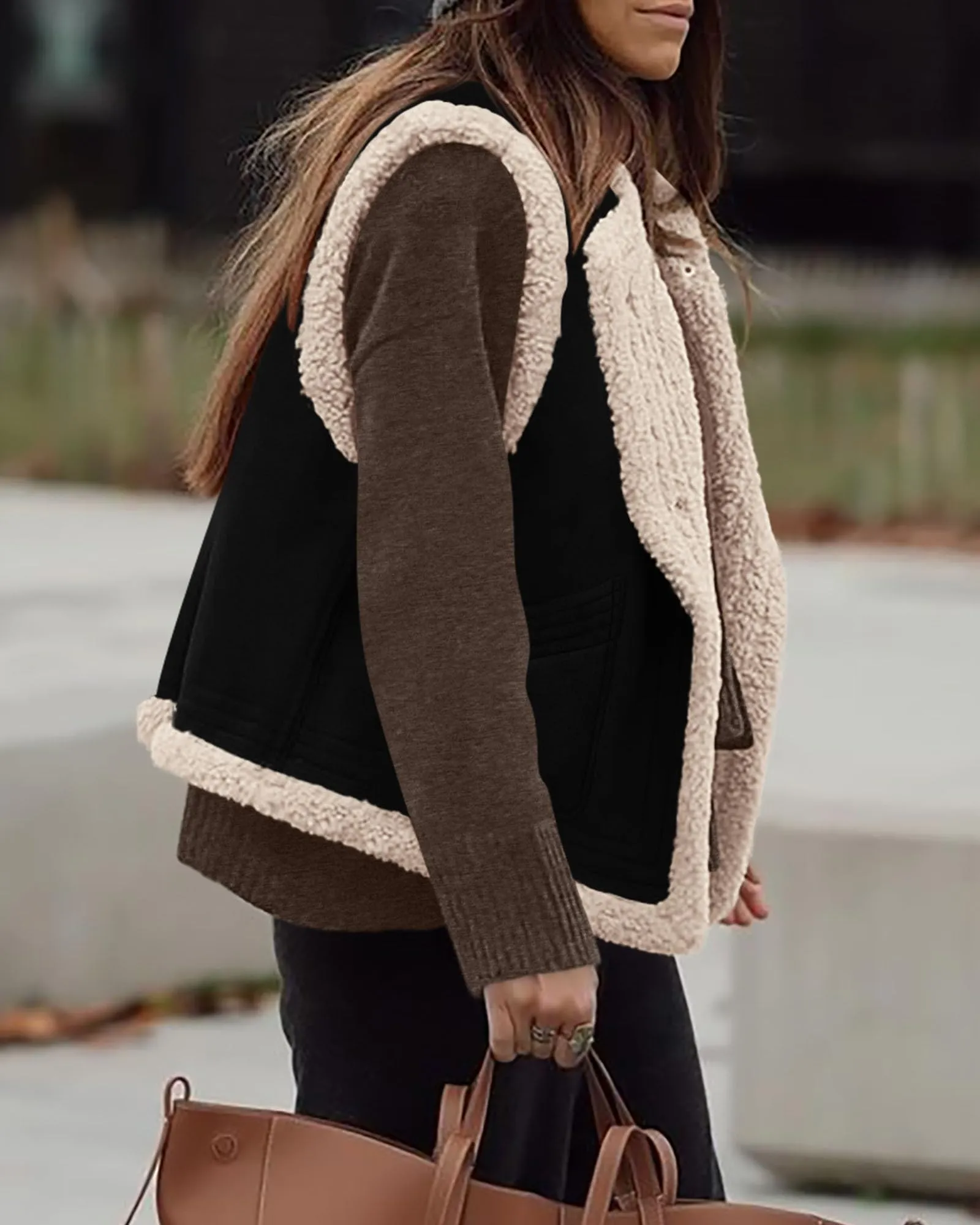 Faux Suede Sleeveless Button Down Fleece Sherpa Lined Casual Coat