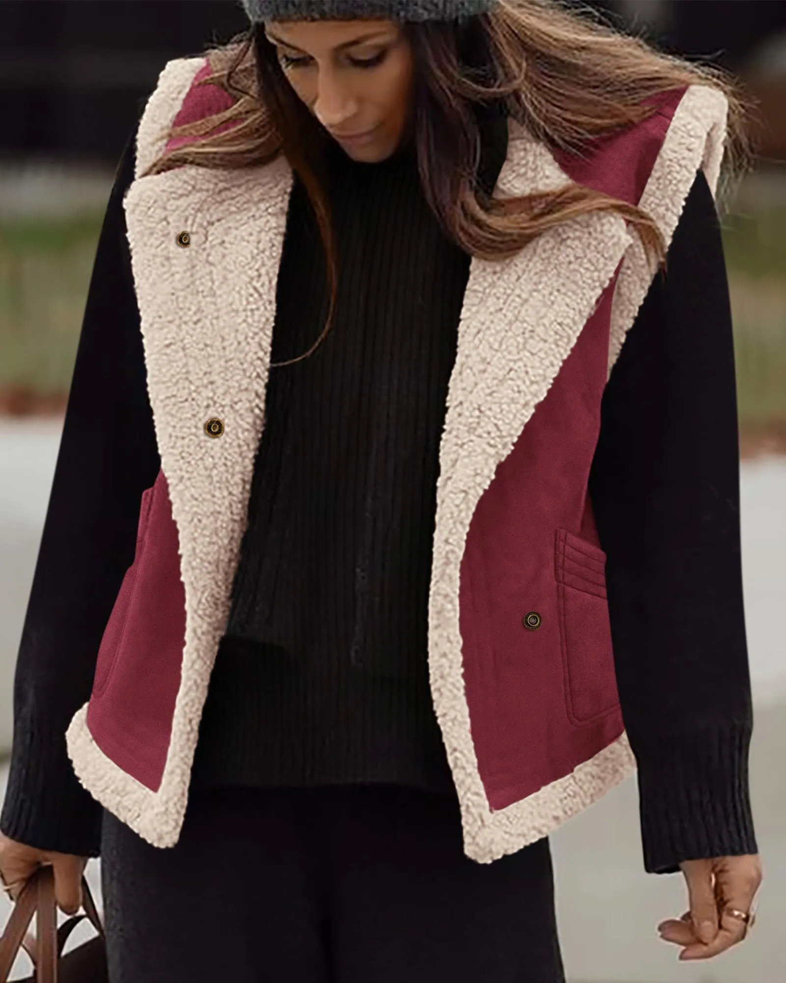 Faux Suede Sleeveless Button Down Fleece Sherpa Lined Casual Coat