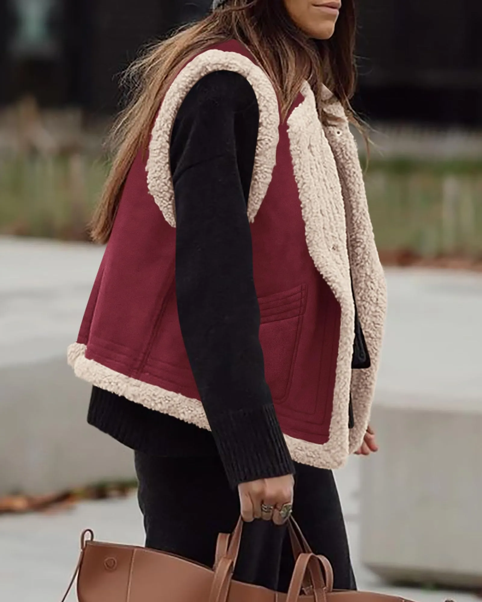 Faux Suede Sleeveless Button Down Fleece Sherpa Lined Casual Coat