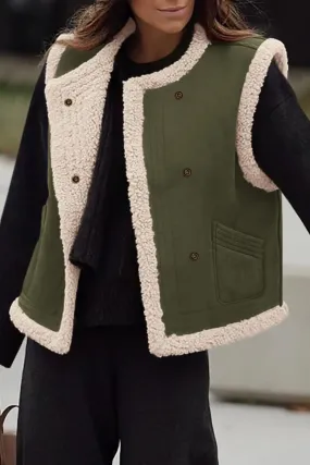 Faux Suede Sleeveless Button Down Fleece Sherpa Lined Casual Coat