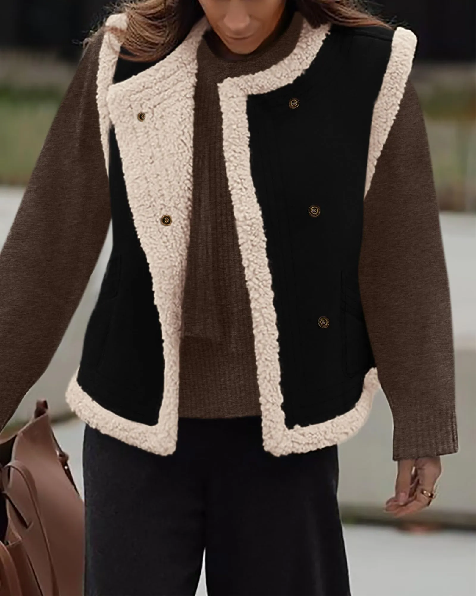 Faux Suede Sleeveless Button Down Fleece Sherpa Lined Casual Coat