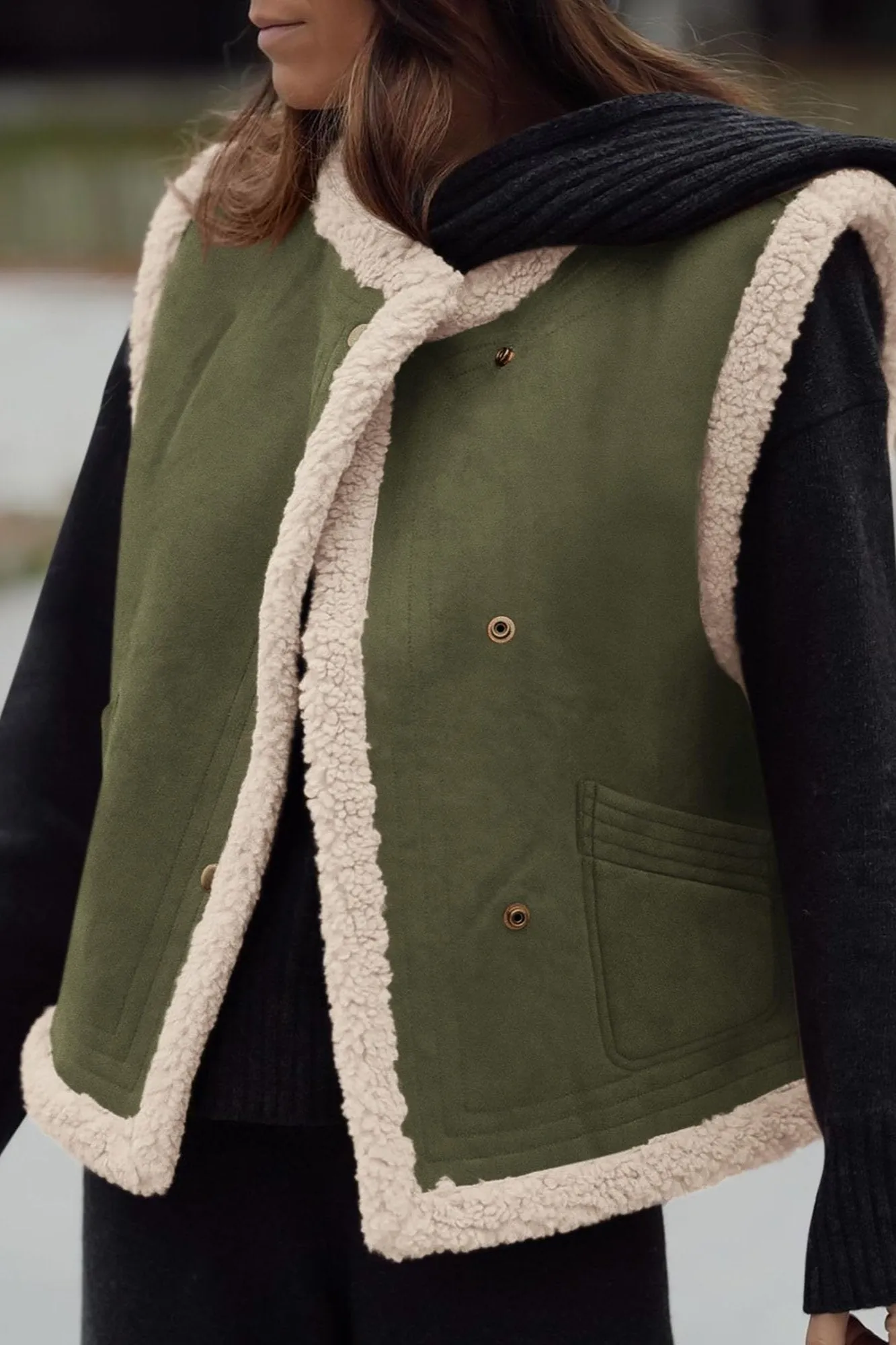 Faux Suede Sleeveless Button Down Fleece Sherpa Lined Casual Coat