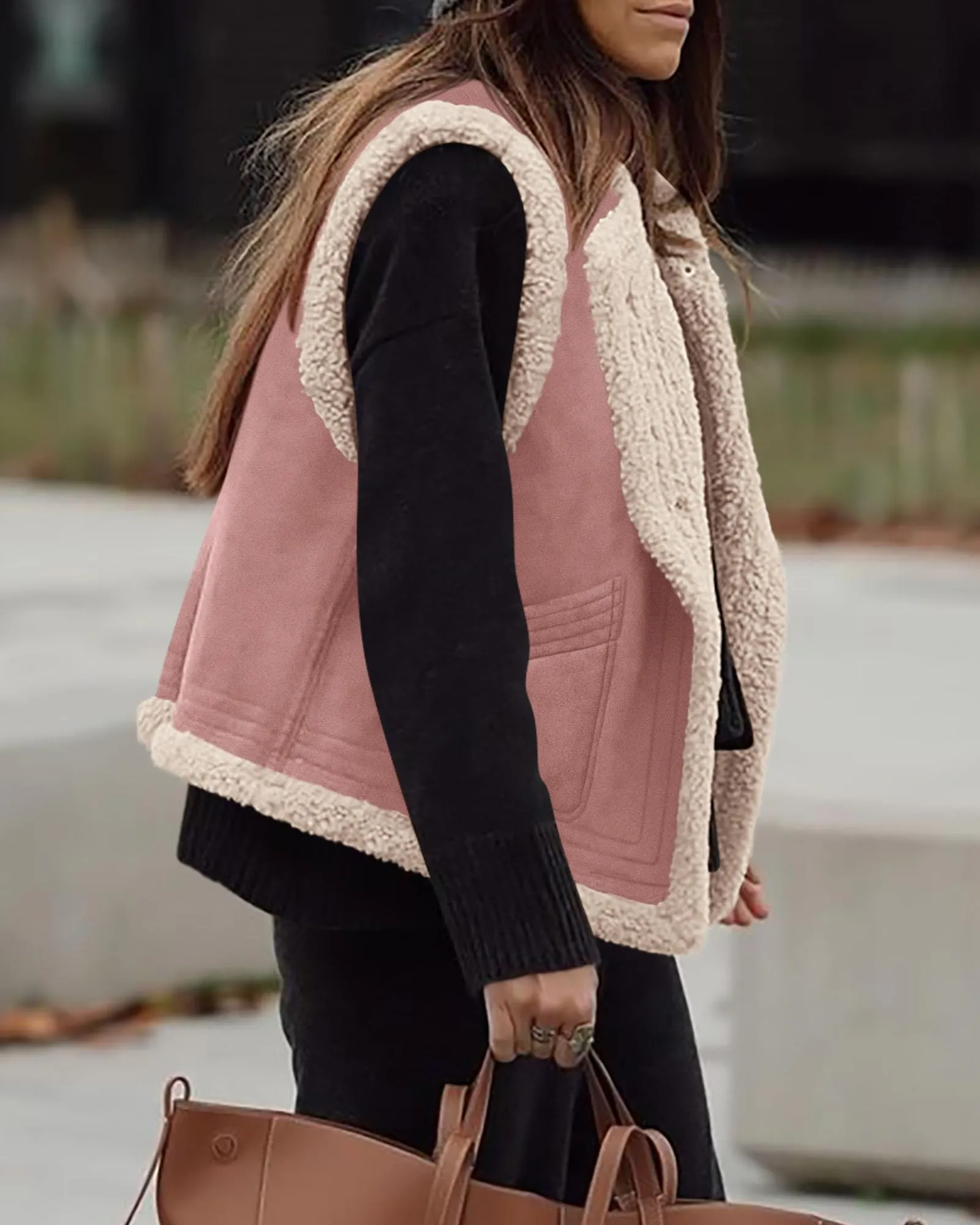 Faux Suede Sleeveless Button Down Fleece Sherpa Lined Casual Coat