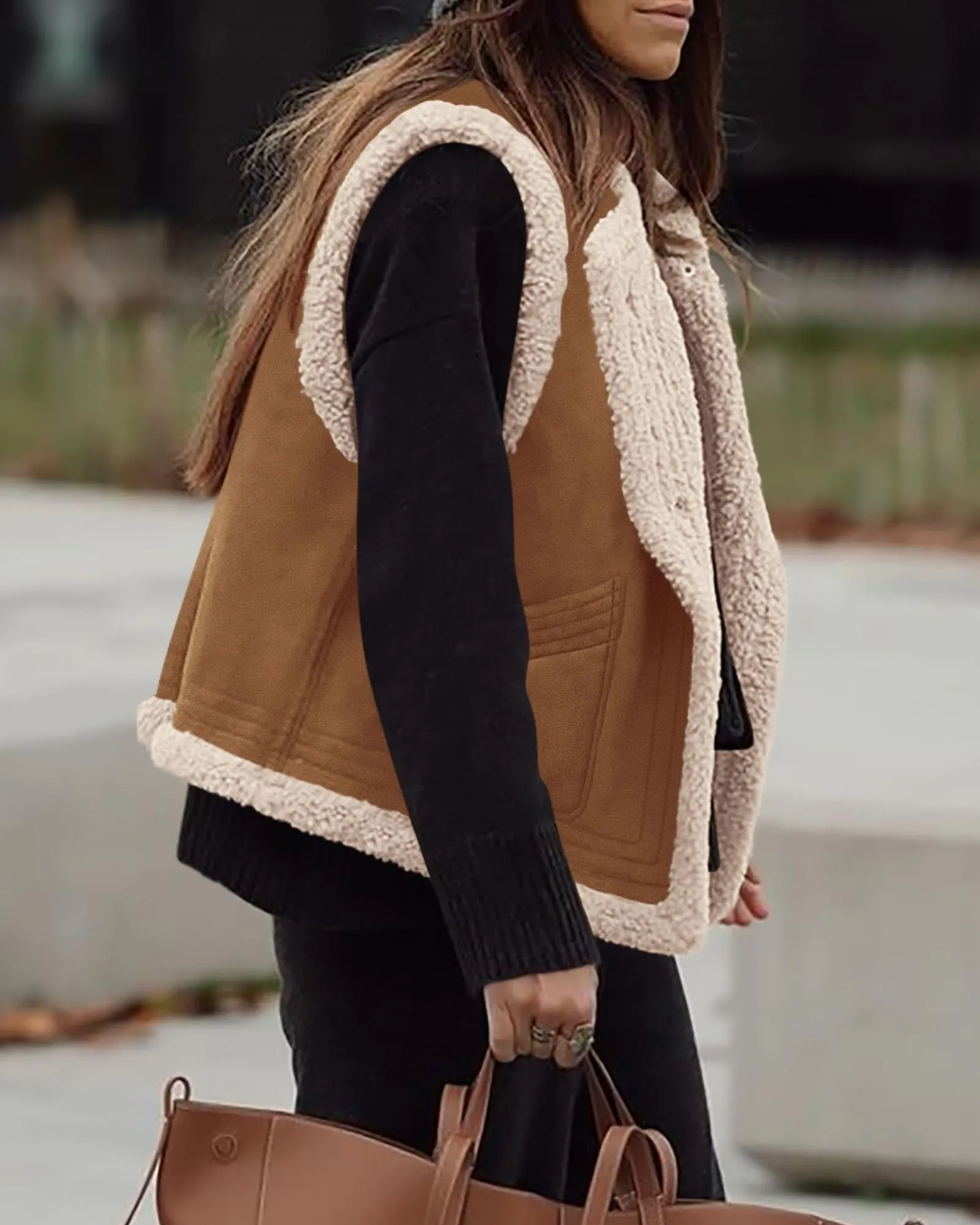 Faux Suede Sleeveless Button Down Fleece Sherpa Lined Casual Coat