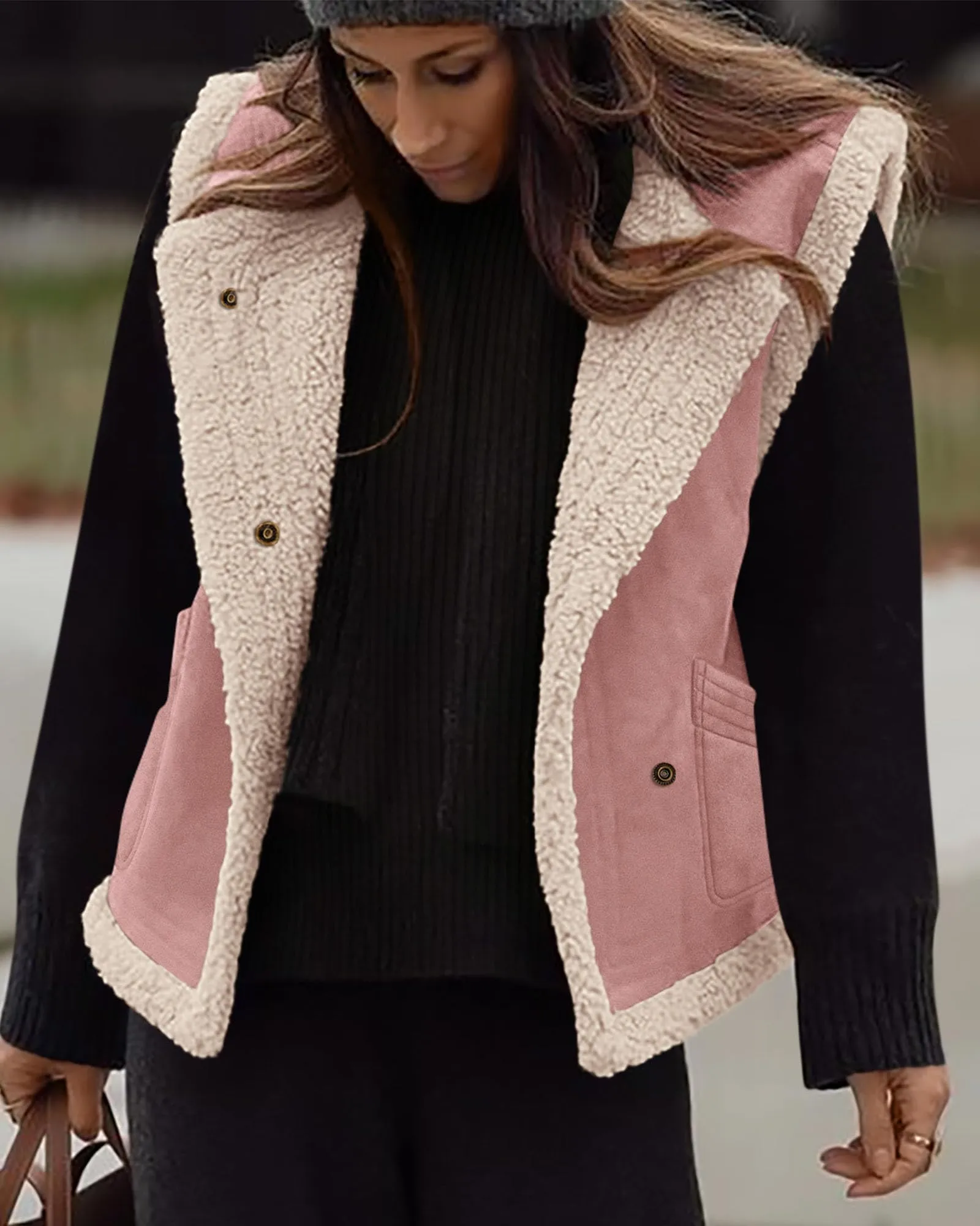 Faux Suede Sleeveless Button Down Fleece Sherpa Lined Casual Coat