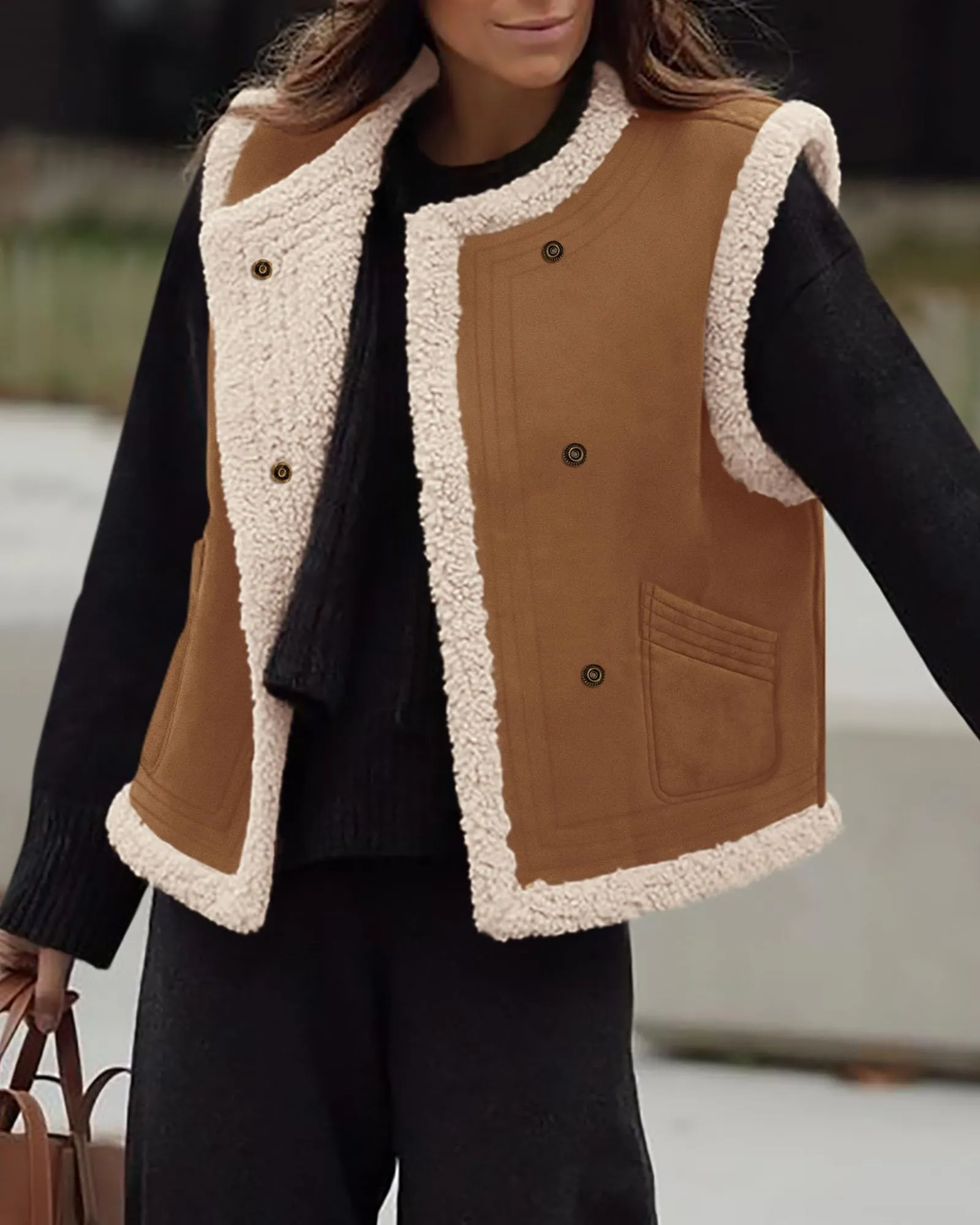 Faux Suede Sleeveless Button Down Fleece Sherpa Lined Casual Coat