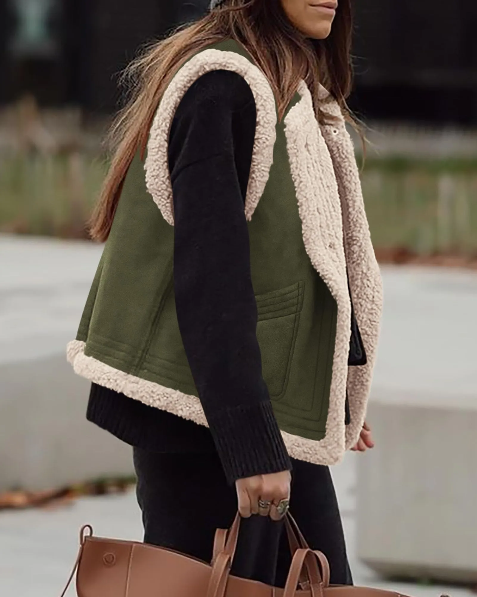 Faux Suede Sleeveless Button Down Fleece Sherpa Lined Casual Coat
