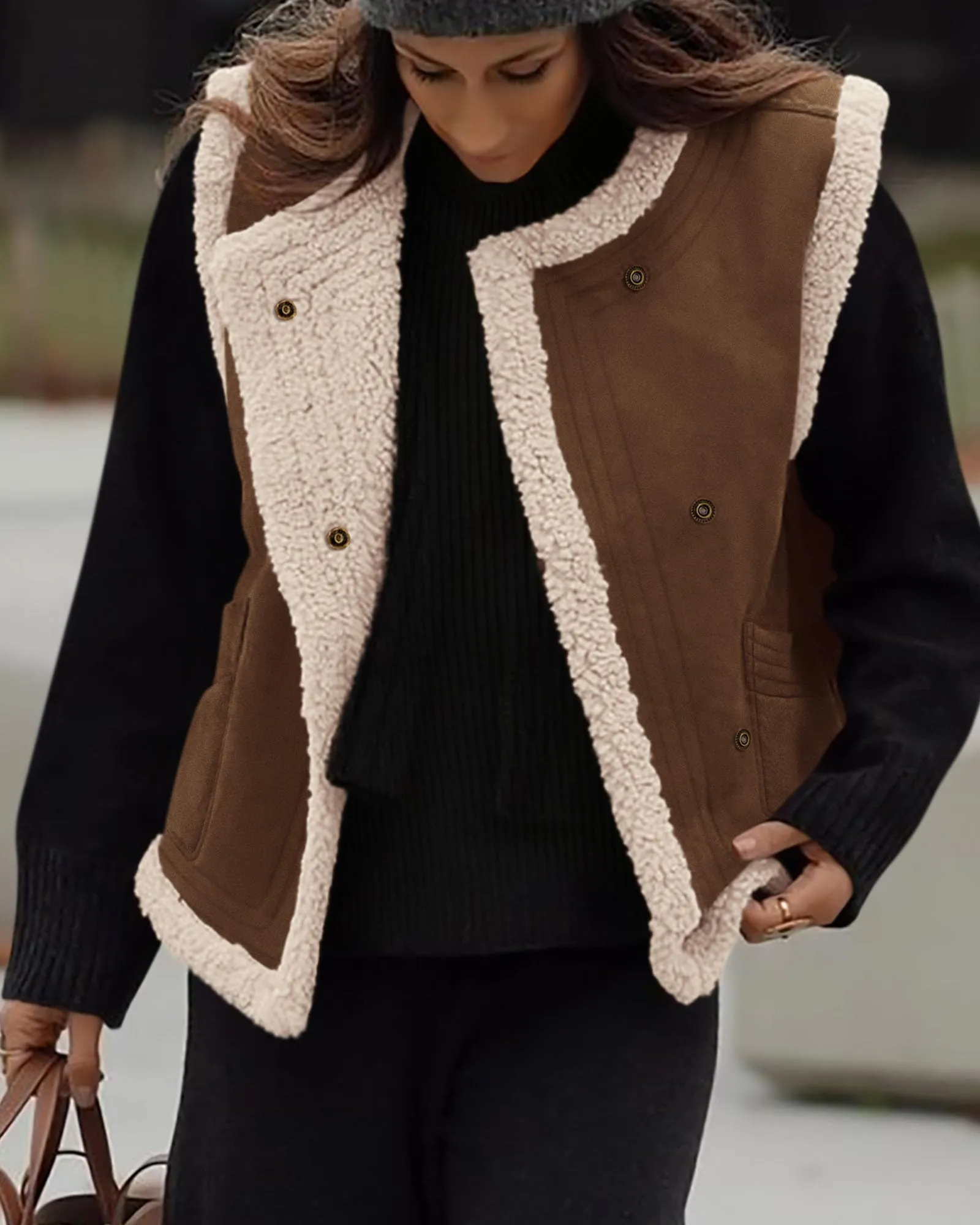 Faux Suede Sleeveless Button Down Fleece Sherpa Lined Casual Coat