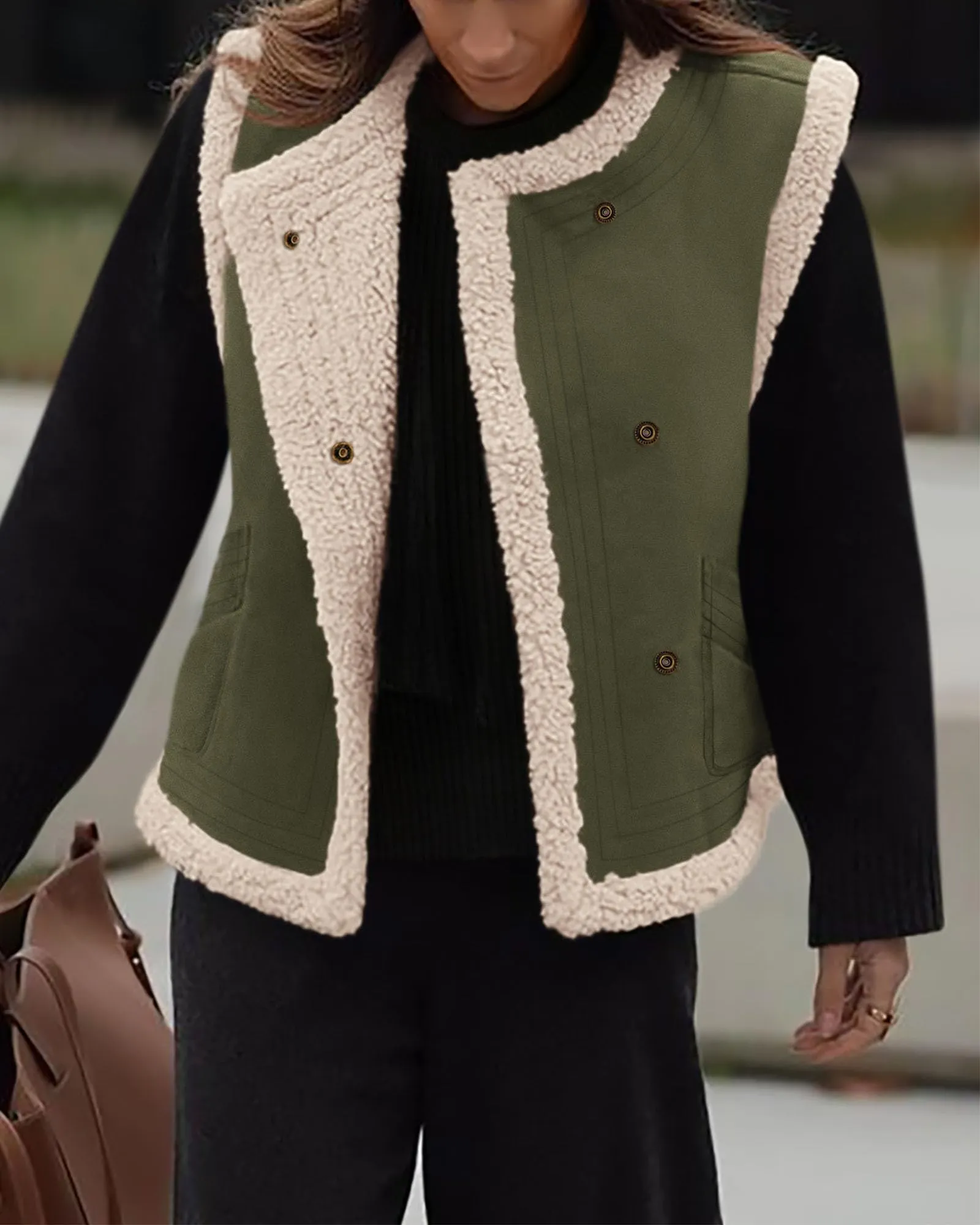 Faux Suede Sleeveless Button Down Fleece Sherpa Lined Casual Coat