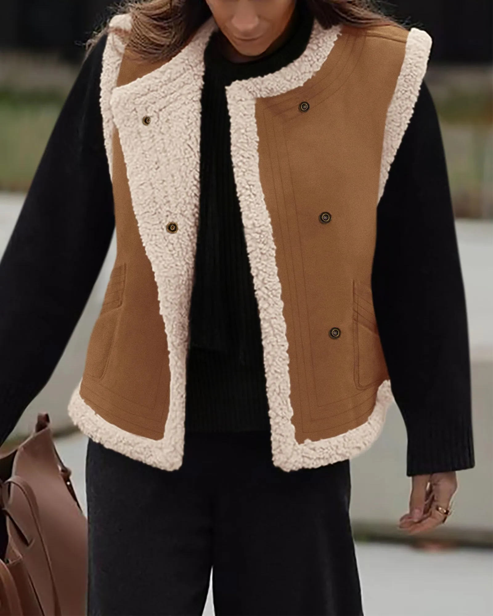 Faux Suede Sleeveless Button Down Fleece Sherpa Lined Casual Coat