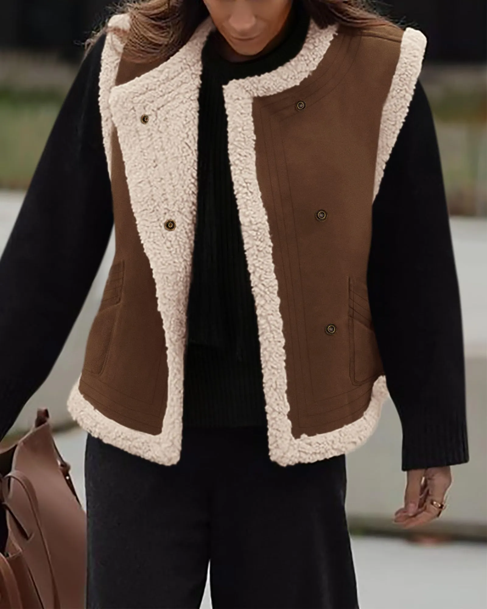 Faux Suede Sleeveless Button Down Fleece Sherpa Lined Casual Coat