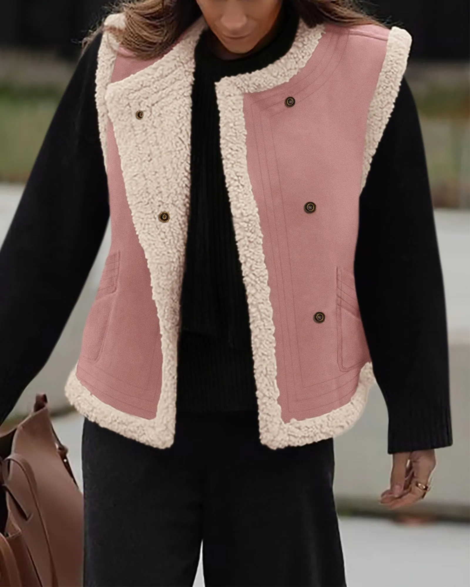Faux Suede Sleeveless Button Down Fleece Sherpa Lined Casual Coat