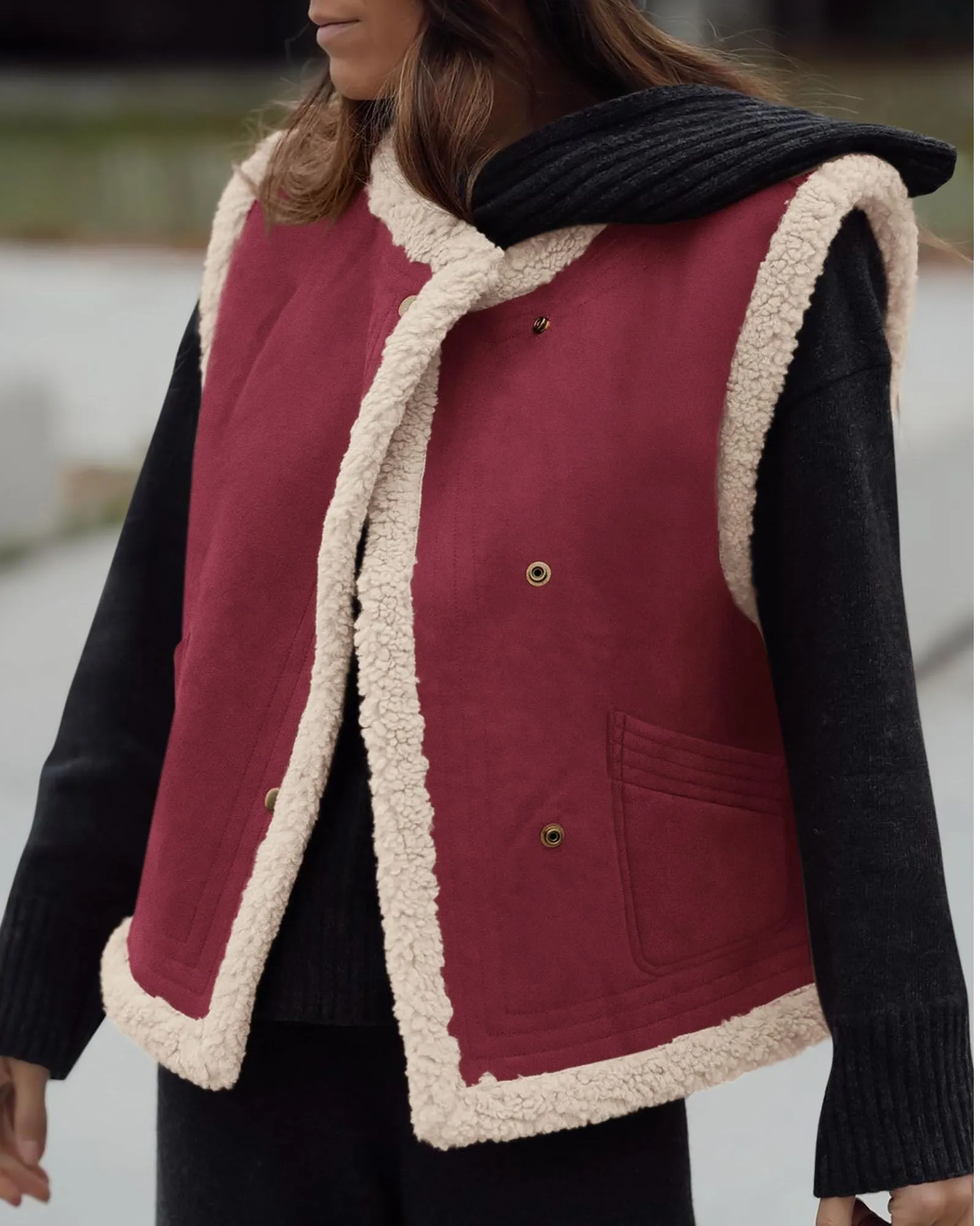 Faux Suede Sleeveless Button Down Fleece Sherpa Lined Casual Coat