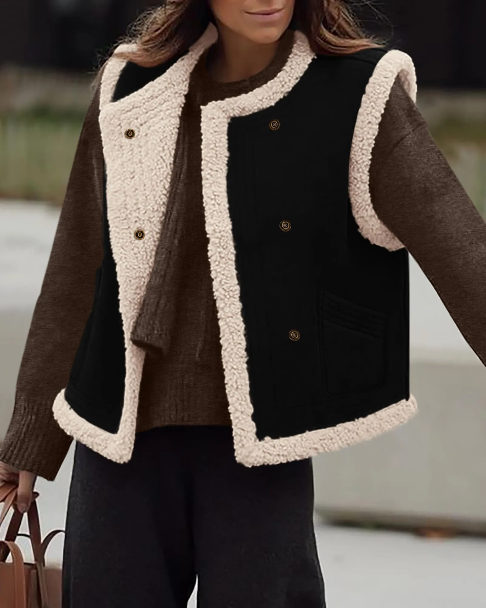 Faux Suede Sleeveless Button Down Fleece Sherpa Lined Casual Coat