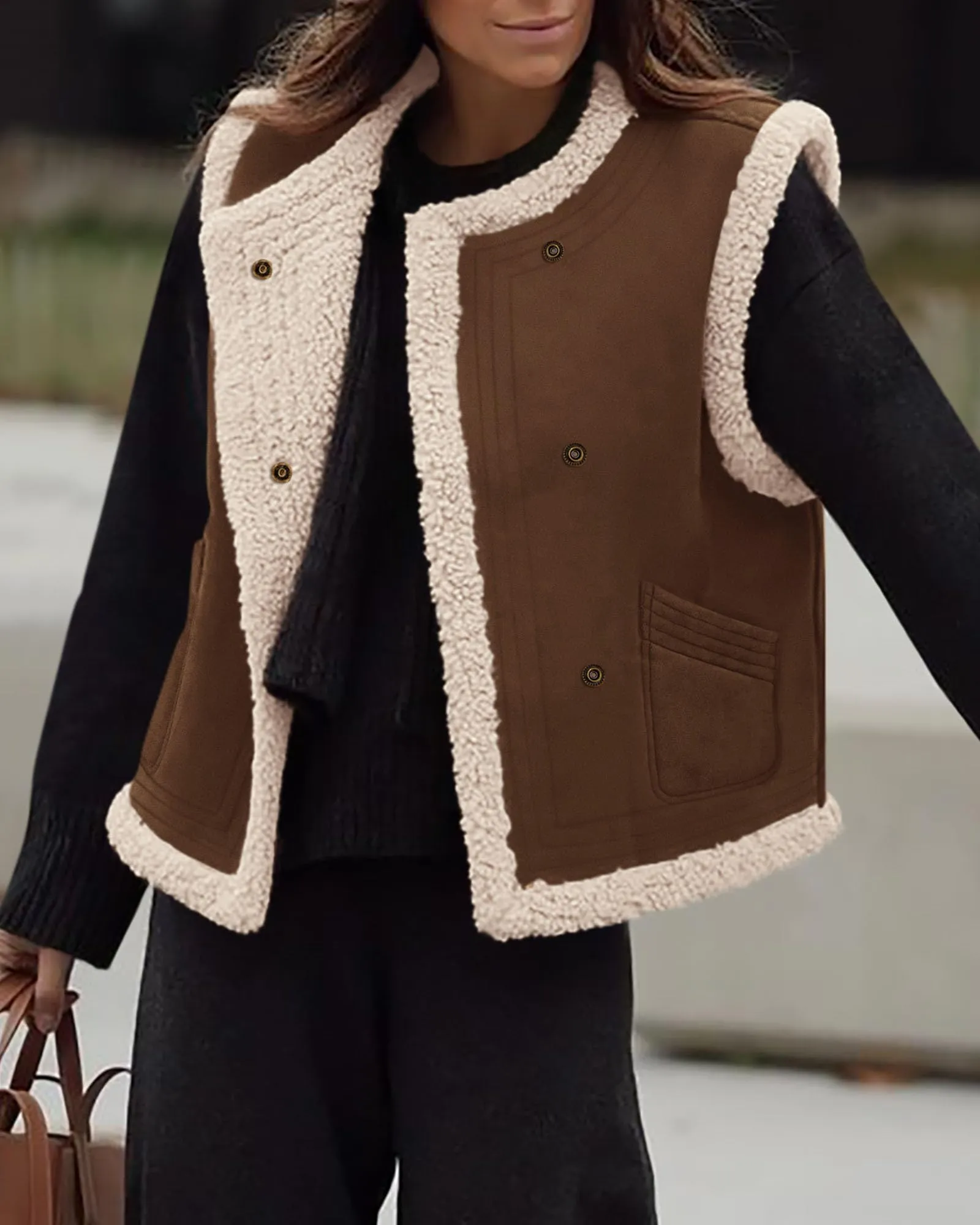 Faux Suede Sleeveless Button Down Fleece Sherpa Lined Casual Coat