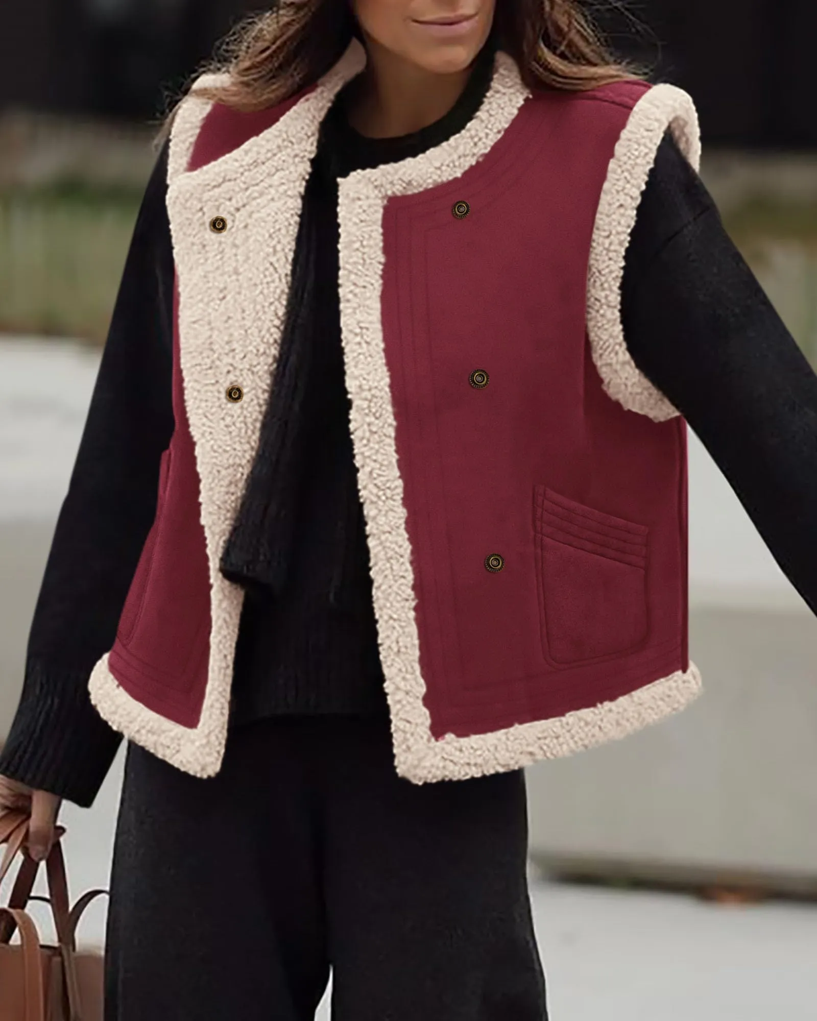 Faux Suede Sleeveless Button Down Fleece Sherpa Lined Casual Coat