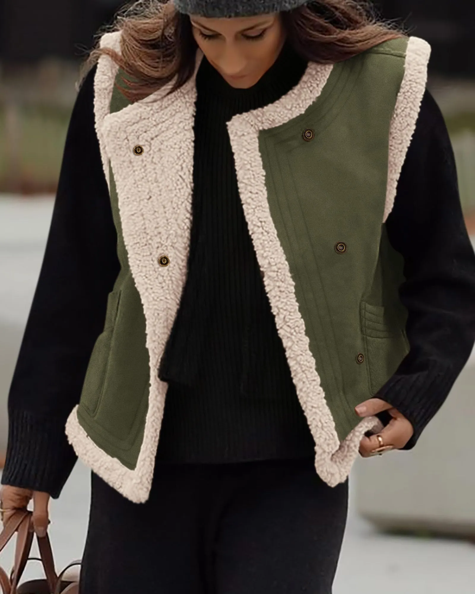 Faux Suede Sleeveless Button Down Fleece Sherpa Lined Casual Coat