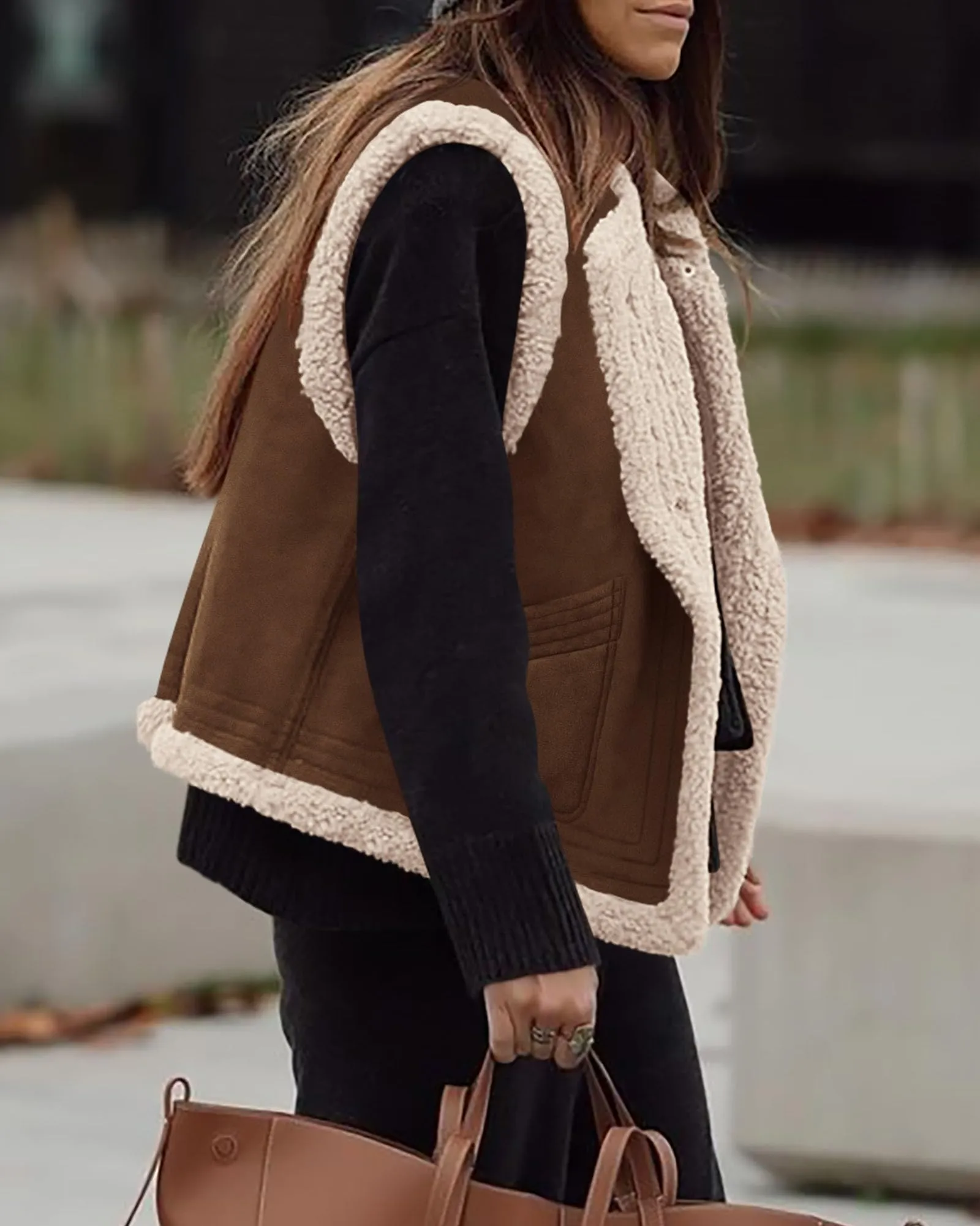 Faux Suede Sleeveless Button Down Fleece Sherpa Lined Casual Coat
