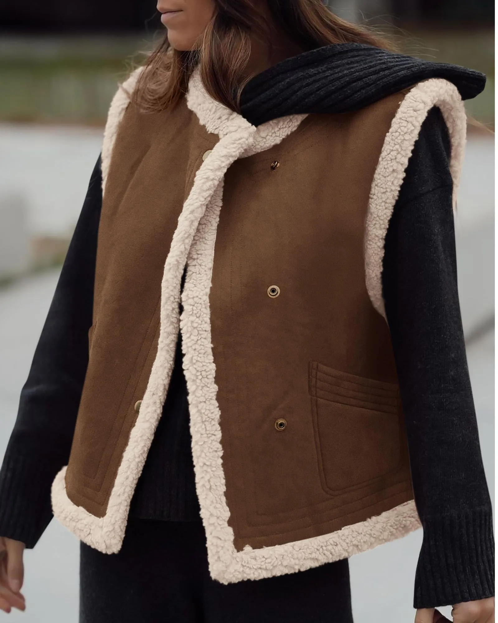 Faux Suede Sleeveless Button Down Fleece Sherpa Lined Casual Coat