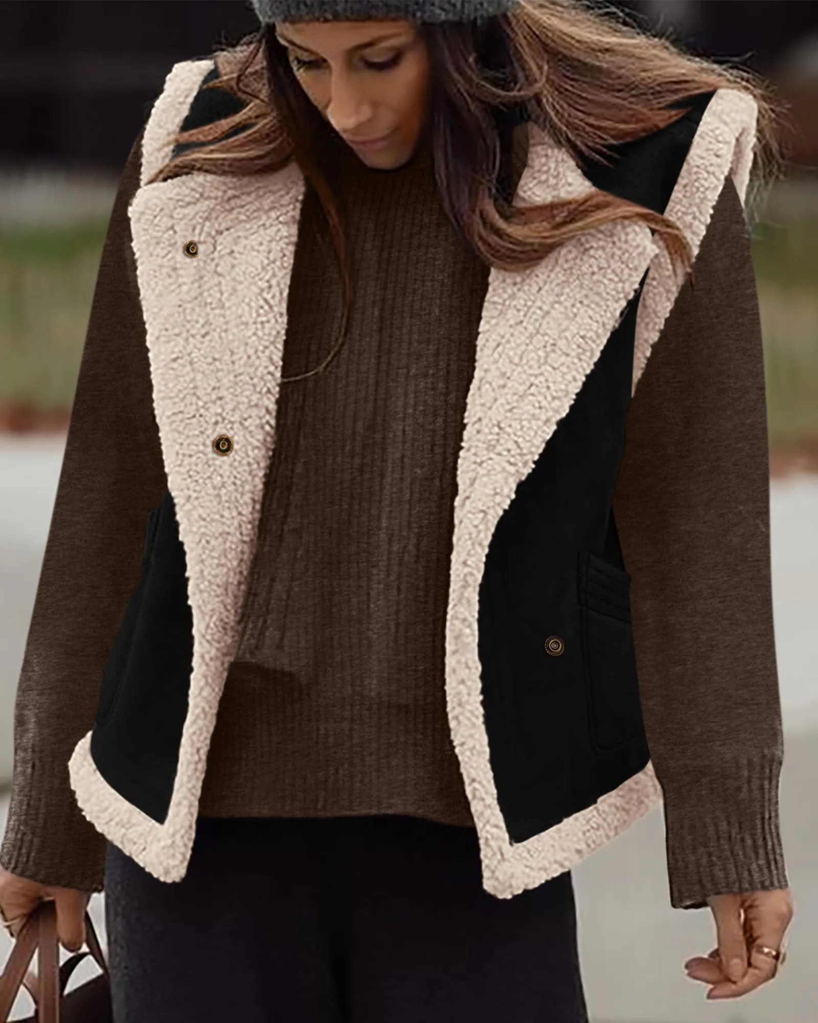 Faux Suede Sleeveless Button Down Fleece Sherpa Lined Casual Coat