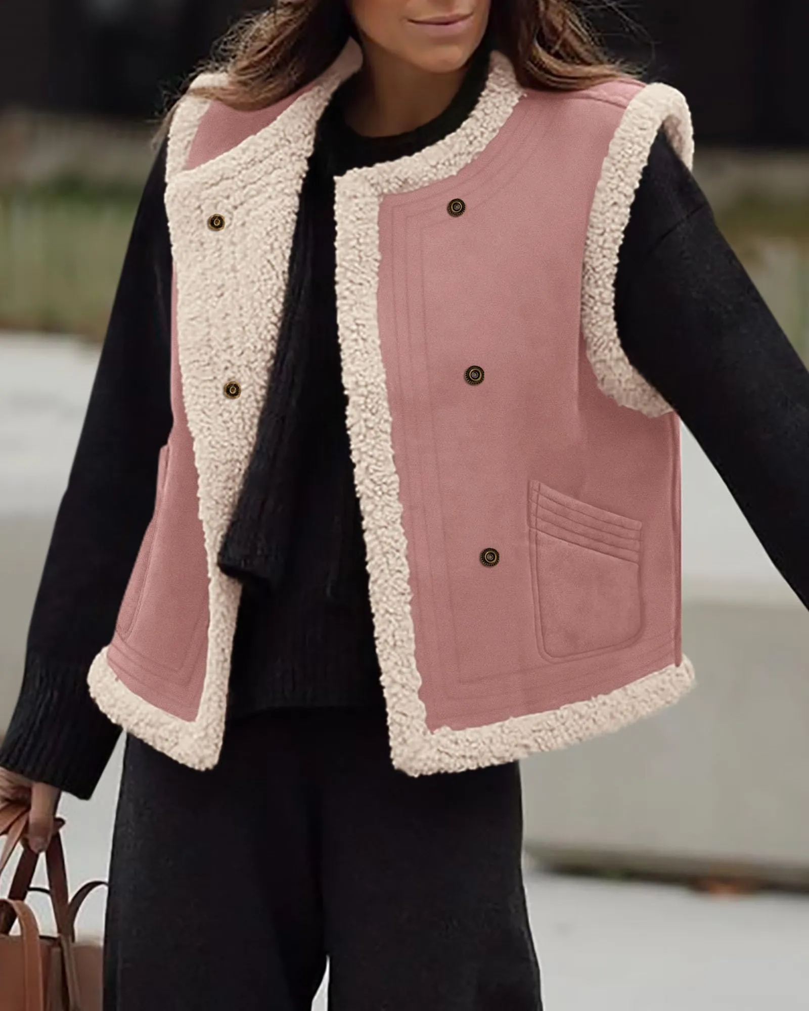 Faux Suede Sleeveless Button Down Fleece Sherpa Lined Casual Coat